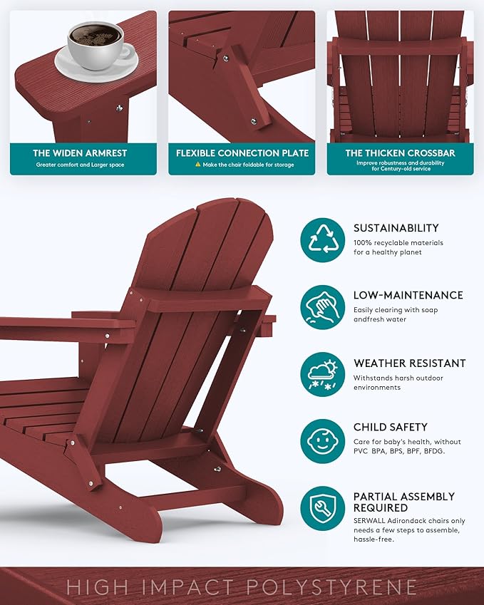SERWALL Foldable Adirondack Chair Set of 2 for Patio Garden Outdoors Fire Pit Chairs- Red
