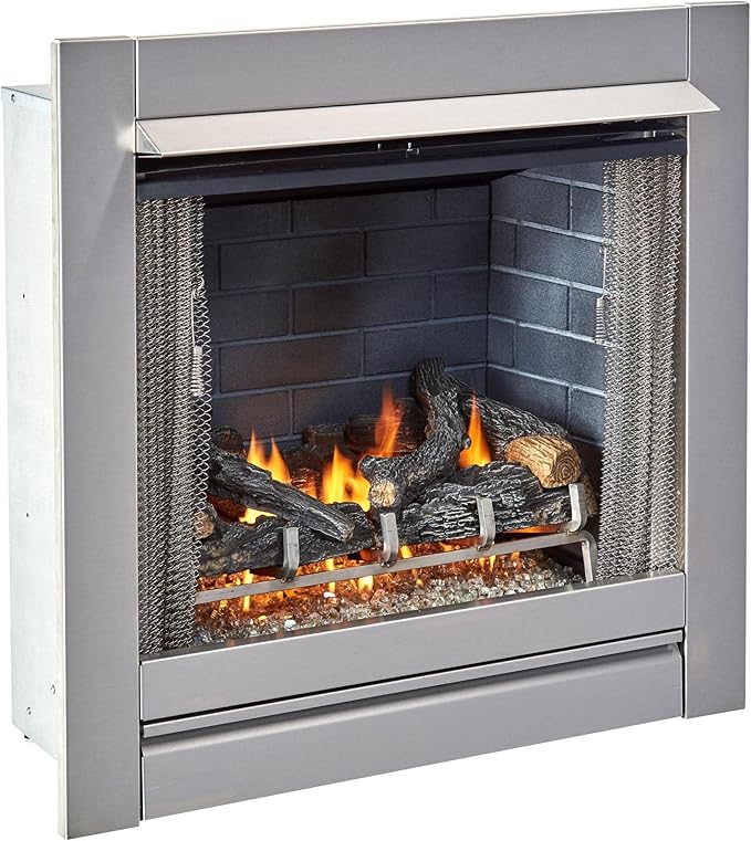 Duluth Forge 24,000 BTU Vent Free Stainless Steel Outdoor Gas Fireplace Insert with Fire Glass Media and Log Set, Manual Control, Natural Gas, Assembled in The USA