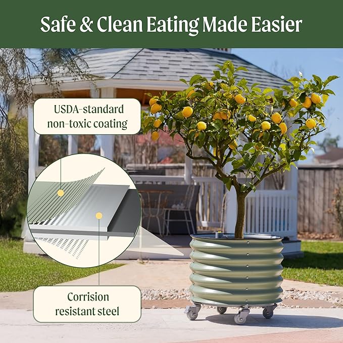 Rolling Metal Citrus Tree Planter, Self-Watering Round Planter Box for Porch Patio & Backyard, Raised Garden Bed with Wheels for Growing Trees Tomatoes Vegetables and Flowers, Single Pack-Pearl White