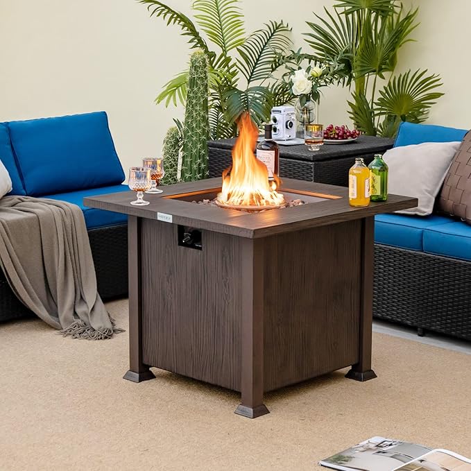 Tangkula 32 Inches Propane Fire Pit, Patiojoy 50,000 BTU Gas Fire Pit Table with Lid, Lava Rocks, Protective Cover, 2-in-1 Outdoor Fire Table with Adjustable Flame, Stainless Steel Burner (Brown)