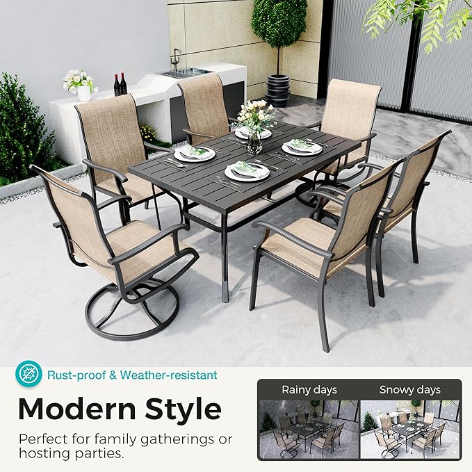 7-Piece Outdoor Dining Set, Patio Furniture Set with 2 Textilene Swivel Chairs & 4 Regular Chairs,Patio Dining Set with 1 Rectangular Table for Garden, Backyard, Poolside, Deck, Beige