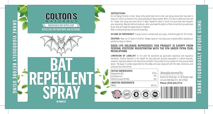 Bat Repellent Spray - Indoor/Outdoor Natural Deterrent, Discourage Invasion/Nesting Attic, Barnes, Homes, Garages (16 oz)