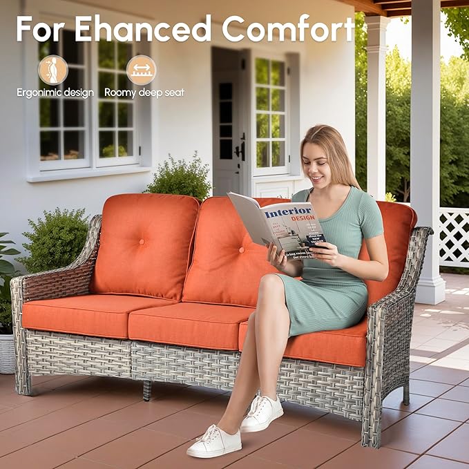 6 Pieces Patio Outdoor Furniture Set,All Weather Wicker Rattan Patio Seating Sofa and Chair Set w/Ottoman and Glowing Coffee Table,Outdoor Conversation Sets for Deck Yard Garden,Red