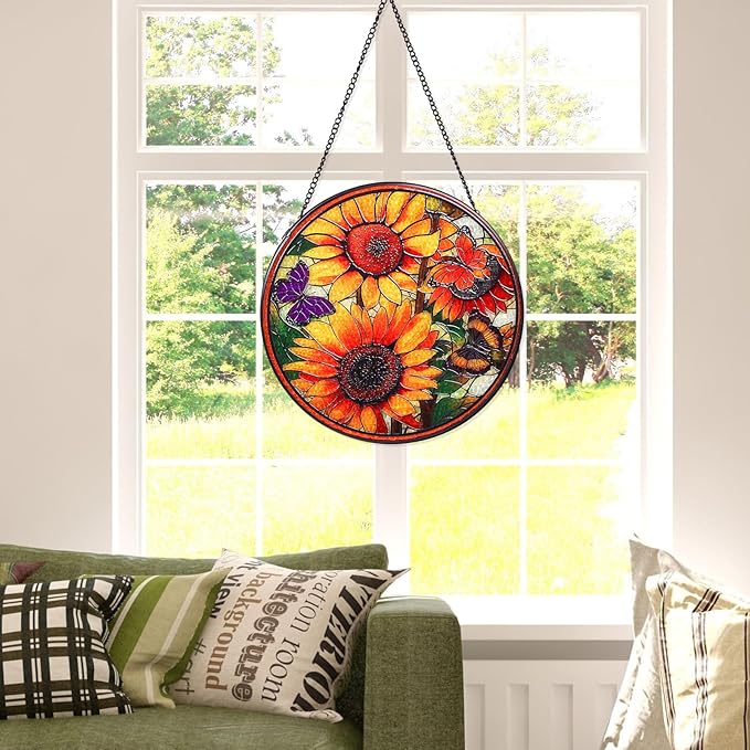 Wkyqes Sunflowers Handmade Stained Glass Window Hanging Suncatcher with Chain - 7.9" Outdoor/Indoor Art Decor for Home Garden, Wedding, Mother's, Valentine's & Christmas Ornaments Present