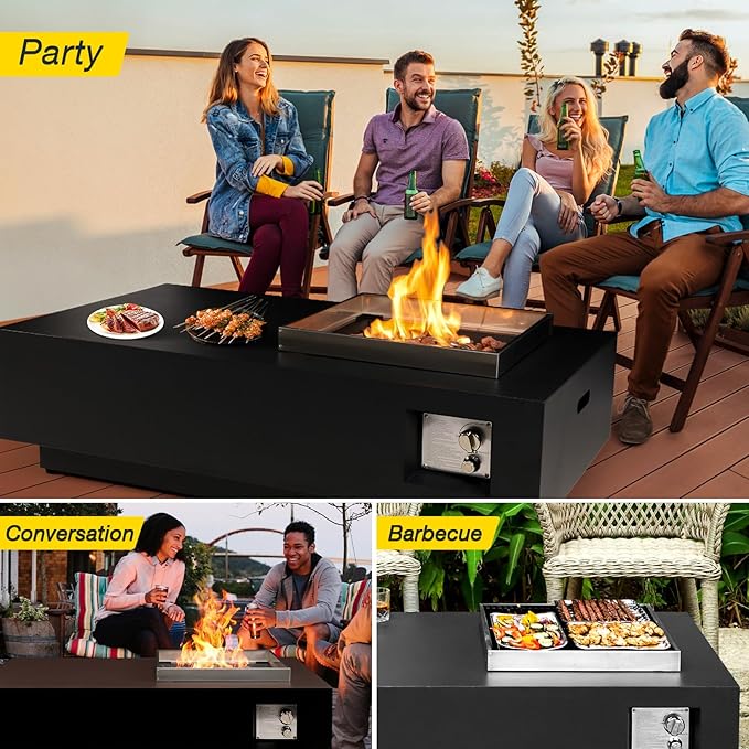 48" Modern Steel Fire Pit Table Set – Low-Profile Propane Gas Fire Table with Tank Cover, 50,000 BTU, for Contemporary Patios & Decks
