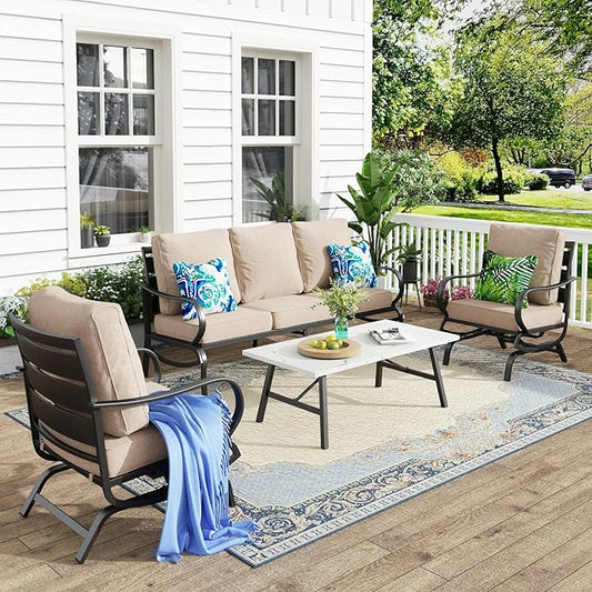 MFSTUDIO 4 Pieces Patio Conversation Sets(5 Seat),Outdoor Metal Furniture Sofas with 1 Loveseat(3 Seat), 2 Rocking Chairs,1 Coffee Table,Wrought Iron with Beige Cushion for Patio Courtyard Balcony