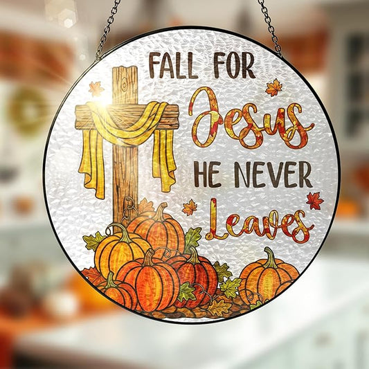 FLAGWIX Fall Decorations for Home - Stained Glass Window Hanging 8in - Christian Sun Catchers Indoor Window, Fall Gifts for Women Men, Thanksgiving Decorations Sun Catcher, Christian Gifts for Mom Dad