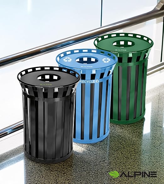 Alpine Industries 38 Gallon Commercial Outdoor Metal Trash Can, Open Top with Lid & Liner (Black)