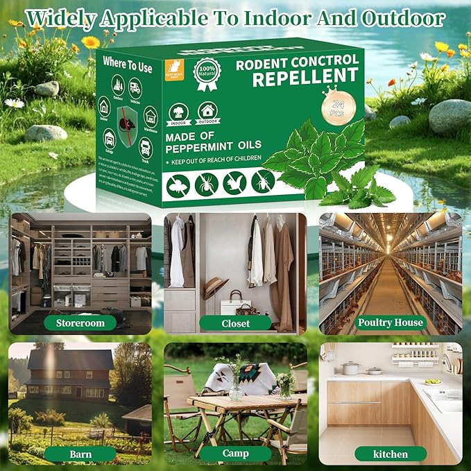 Mouse & Rat Repellent Pouches Peppermint Oil Mice Repellent - Rodent Deterrent Bags for Indoor/Outdoor Use, Home Garage Car RV Boat Cabin Protection (24 Pack)