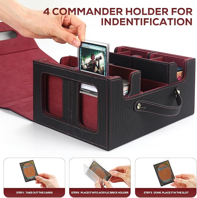 Trading Card Storage Box for MTG, MTG commander deck box，Multi-purpose Deck Case for MTG TCG Sports Card, 4 Toploaders, 4 Stoppers, 4 Colorful Dividers (Black & Red)