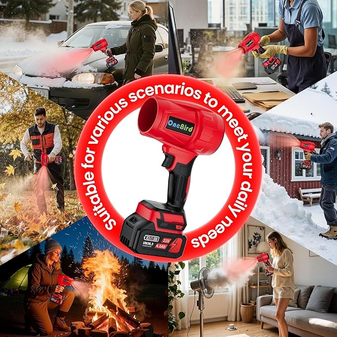 Cordless-Leaf-Blower-Electric Leaf Blower for Lawn Care 560 CFM-Handheld Blower Portable with Battery and Charger with 21V-4.0Ah-2 Batteries, Lightweight Blower for Patio Cleaning dust -red