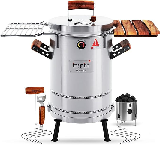 3-in-1 Stainless Steel Smoker Barrel Grill Premium – Portable Charcoal BBQ with Thermometer, 12 lbs Outdoor Cooking Smoker for Camping, Backyard & Home BBQ INGRILL
