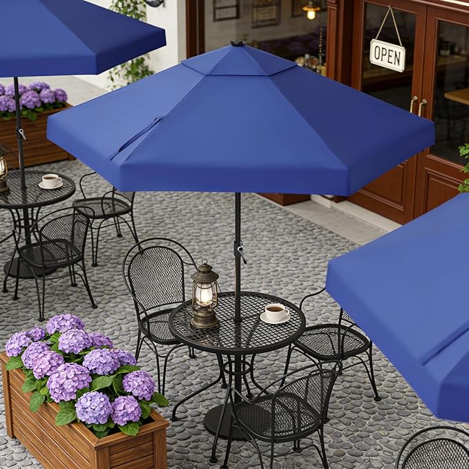 CROWN SHADES 9 Ft Patio Umbrella with Auto-Tilt & Olefin Fabric - Patented 90° Edge Connection Wind Resistant, Outdoor Umbrella for Table, Pool, Beach, Effortless Crank System