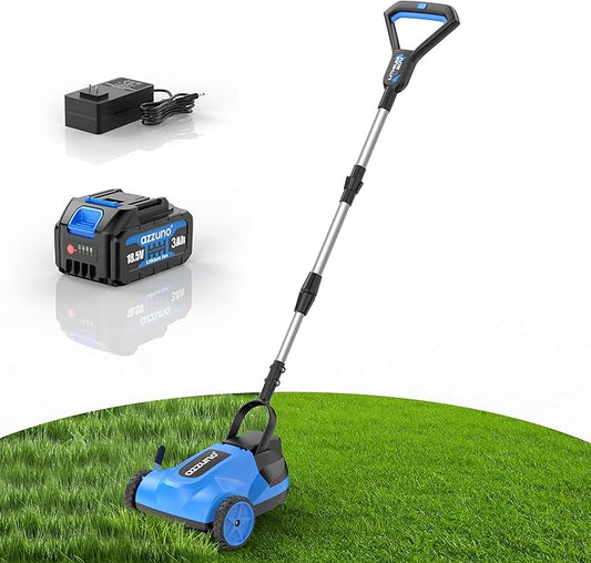 AZZUNO 8.3" Electric Cordless Lawn Mower: 20V Push Brush Cutter with 3-Position Height Adjustment, Brushless Compact Walk Behind Weed Wacker Eater for Small Garden Yard, 3.0Ah Battery and Charger