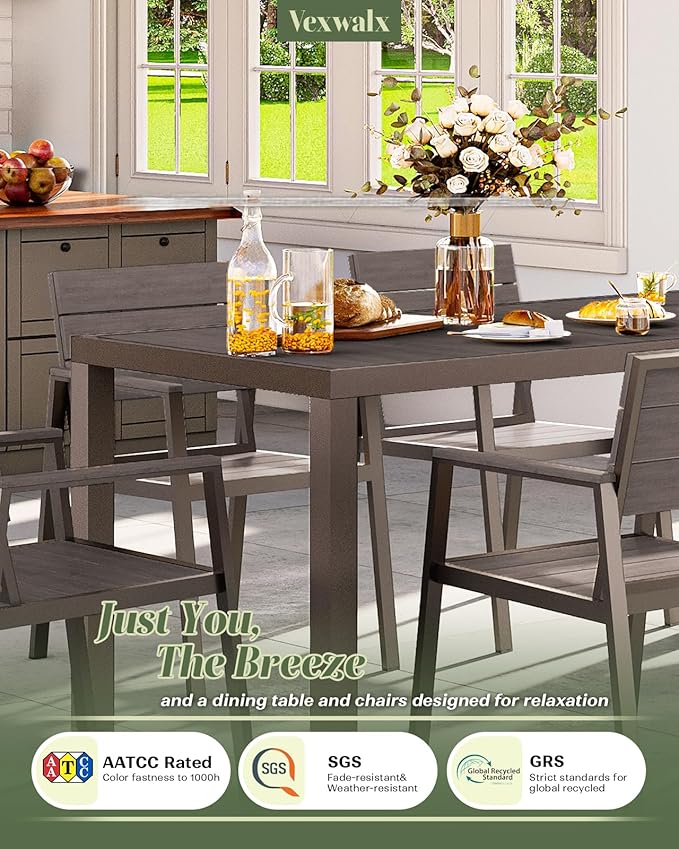 Outdoor Dining Set, Patio Table and Chairs of 4, Aluminum Outdoor Furniture Set with Umbrella Hole, HDPS Patio Dining Table Set for 4 (Charcoal)