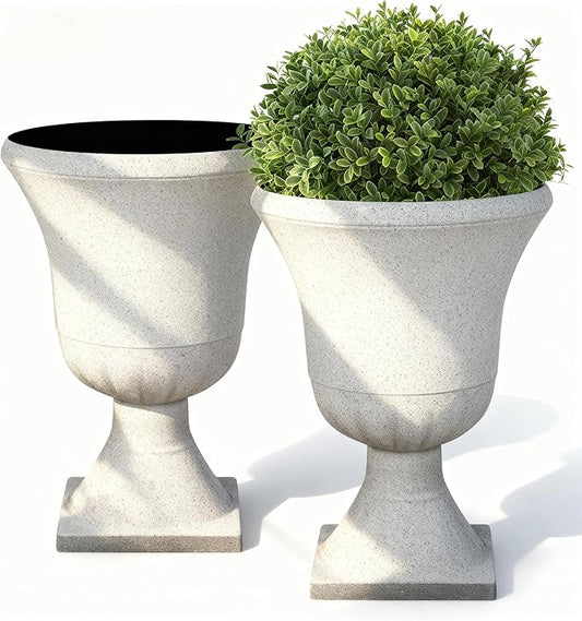 22" Urn Planters Outdoor Planter for Plants Set of 2 Timeless Plastic Large Flower Pot with Drainage Hole Terrazzo White Garden Pots for Porch, Patio Christmas Decor
