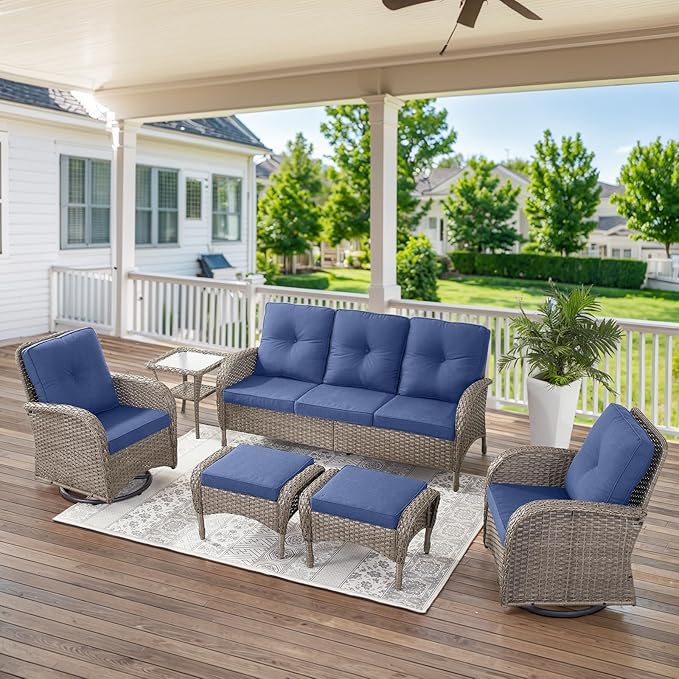 Belord 5 Pieces Wicker Patio Furniture Set - Swivel Rocker Outdoor Chairs with Ottomans and Side Table, Small Patio Conversation Set for Porch Deck Backyard