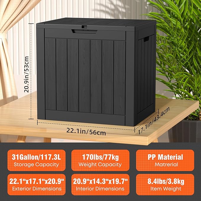 31 Gallon Deck Box Large Outdoor Storage for Patio Furniture,Outdoor Cushions,Garden Tools and Pool Supplies,Waterproof,Resin,Lockable(Black)