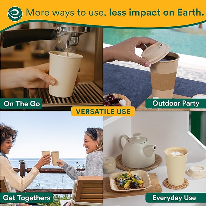 ECO SOUL 100% Compostable Coffee Cups With Lids & Sleeves - To Go Coffee Disposable Bagasse Cups |Sturdy & Eco-Friendly Cups for Cafes, Party, Office (100, 16 Oz)