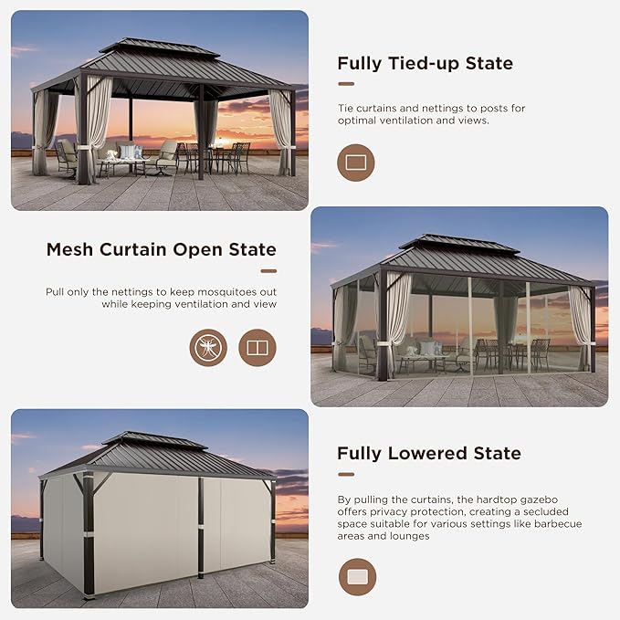 GREEN PARTY 12 X 18ft Hardtop Gazebo with Nettings and Curtains, Heavy Duty Double Roof Galvanized Steel, Outdoor Aluminum Gazebos Pergolas for Patios, Backyard, Deck, Garden, Lawns