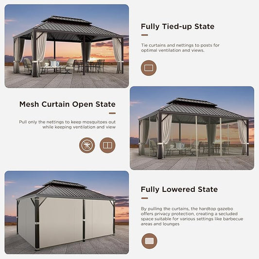 GREEN PARTY 12 X 18ft Hardtop Gazebo with Nettings and Curtains, Heavy Duty Double Roof Galvanized Steel, Outdoor Aluminum Gazebos Pergolas for Patios, Backyard, Deck, Garden, Lawns
