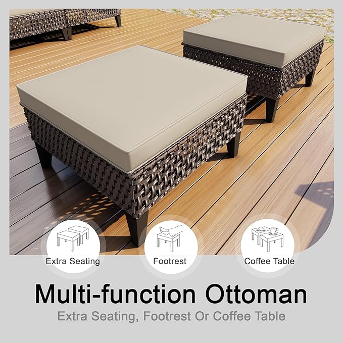 15 Pieces Outdoor Furniture Set, Modern Patio Conversation Sets with Fire Pit Table and Armchairs, Wicker Rattan Sofa Couches Chairs Ottomans for Porch, Deck, Balcony, Backyard, Yard (Beige Cushions)