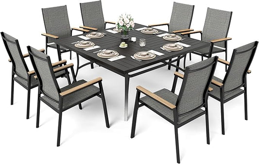 Sophia & William Patio Dining Set for 8, Lightweight Aluminum Outdoor Dining Chairs and Large Square Metal Table, Stackable Chairs and Easy to Move for Lawn Garden Yard (Grey)