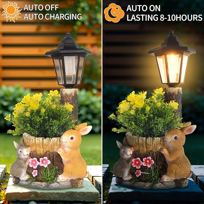 YEPOTUE Solar Bunny Garden Stalue Outdoor, Rabbits Figurine Flowerpot Decolwith Solar Lantem for Yard Art Lawn Ornaments Porch Patio Balcony - Gardening Gifts for Women Mom