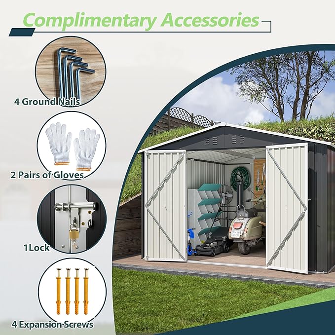 Favfurish 10 x 10 FT Outdoor Storage Shed,Heavy Duty Tool Sheds Metal Storage Garden Shed with Sloped Roof and Lockable Doors,Large Metal Storage Sheds for Backyard Patio Lawn, Black