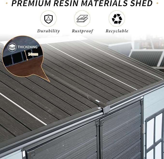 8x4FT Resin Outdoor Storage Shed with Floor and 2 Windows,Waterproof Plastic Sheds with Lockable Doors,Outside Garden Tools Sheds for Backyard Patio,Gay+Black