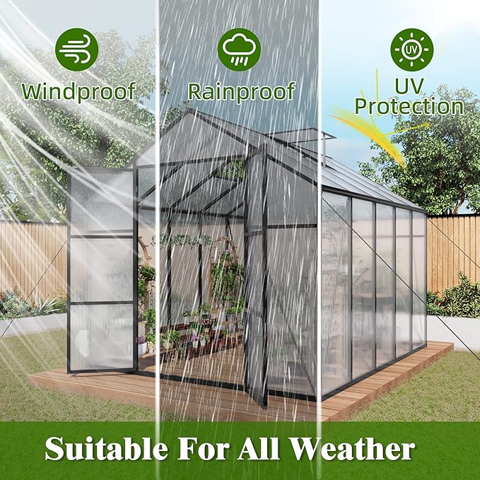 KEIKI 8x10 FT Polycarbonate Greenhouse for Outdoors, Durable Aluminum Walk-in Greenhouse with Gutter Drainage & Tall Growing Space for Plants, Black