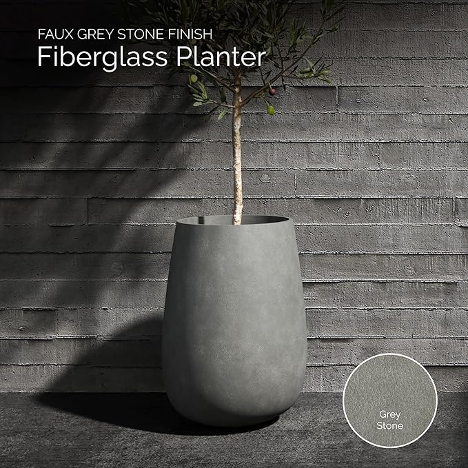 Mondo High Tall Planter – Grey Stone Finish – Fiberglass Indoor/Outdoor and Weather-Resistant Round Planter (21.6" D x 35.6" H Exterior, 20.3" D x 35.4" H Interior)