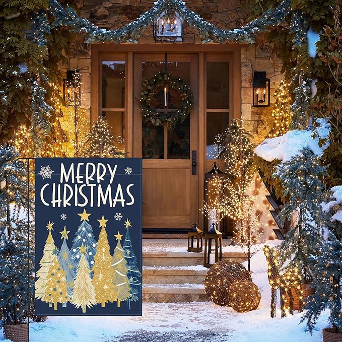 AVOIN colorlife Merry Christmas Garden Flag 12x18 Inch Double Sided Outside, Christmas Trees Winter Holiday Yard Outdoor Flag Blue