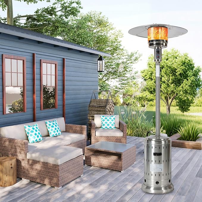Patio Heater with Cover, 48,000 BTU Pyramid Flame Outdoor Heater, Propane, Detachable Wheels, Quartz Glass Tube for Patio, Garden, Courtyard, Park, Poolside (Silver)