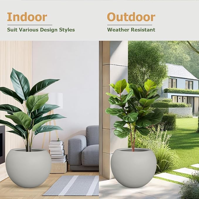 9.7"H x 12"D Globo Fiberstone Round Planter - Christmas Tree Planter, Smooth Finishes, Weather Resistant for Indoor & Outdoor Use, Included 2 Extra Coco Mats (Light Gray, 7.8" Pot Opening)