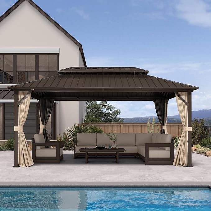 PURPLE LEAF 10’ X 16’ Outdoor Hardtop Gazebo Metal Frame Galvanized Steel Double Roof with Curtains and Nettings for Patio Desk Backyard Bronze