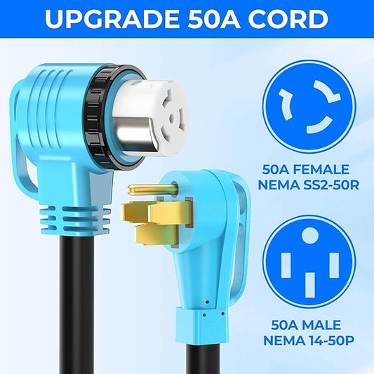 50 Feet 50 Amp RV/Generator Cord, UL Listed, 100% Copper Wire, Newly Designed 90°Grip Handle, NEMA 14-50P to SS2-50R Twist Lock, 6/3+8/1 Gauge STW Wire