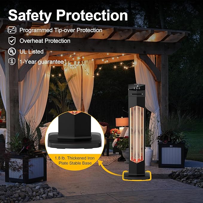 Outdoor Heaters for Patio,1500W Electric Infrared Radiant Heater with Remote,37IN Portable Tower Space Heater with 12H Timer,Tip-over Protection for Garage,Backyard,Porch,Indoor,Black