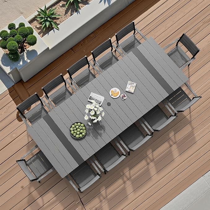 Pellebant 118" Outdoor Dining Table for 8-12 Person, Aluminum Patio Dining Table with Umbrella Hole, Waterproof Wood-Like Tabletop for Lawn Garden Backyard, Grey