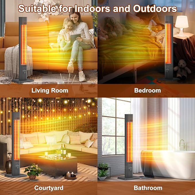 42 INCH Patio Heater, 1500W Outdoor Heater, 9 Heat Levels & 9 Hour Timer, 1S Instant Heat, Infrared Heater with Child Safety Lock, IP65 Waterproof, Tip-Over for Outdoor Indoor Use, Black