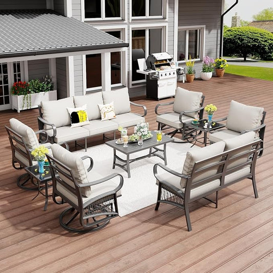 9 Piece Patio Furniture Set, 4 Single Swivel Chairs, Rope Braided Exposed with Thick Cushions, Outdoor All Weather Patio Conversation Sectional Sofa Set for Garden, Porch, Lawn, Beige