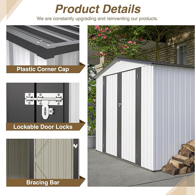6x8 FT Outdoor Storage Shed, Metal Garden Shed with Lockable Hinged Doors, Outside Tool Shed with Sloped Roof & 4 Air Vents, Waterproof Storage Building for Backyard, Patio, Lawn, White