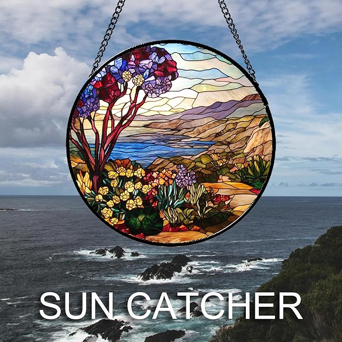 QZQCBLC Stained Glass Window Hanging Retro Wildflowers Lake Mountain Scenery Large 11.8" - Suncatcher Door Garden Sun Catcher Home Decor Birthday Christmas for Mom Men Woman Friend