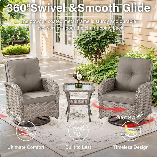 5 Piece Swivel Rocker Glider Outdoor Chairs Set of 2 with Ottoman and Glass Side Table Patio Bistro Furniture Set, Comfort High Back Wicker Patio Conversation Set for Deck Porch Sunroom