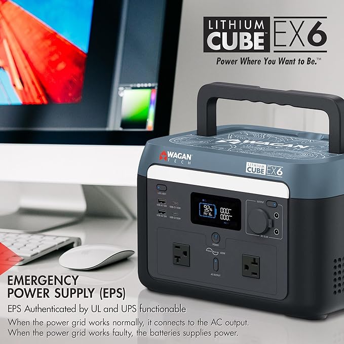 Wagan EL8838 Portable Power Station 600W Lithium Cube Solar Generator 512Wh LiFePO4 Battery Fast Charge 600W 1000W peak AC/100W USB-C for Home Backup, Power Outages, Outdoor Camping, Off-grid