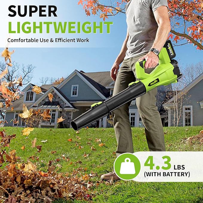 FULLYEA Cordless Leaf Blower 650CFM/180MPH, 21V Electric Leaf Blower with 3 Tubes & 2 x 4.0Ah Batteries, 6 Speed Modes, Battery Powered Leaf Blowers for Cleaning Patio, Yard, Garage, Lawn (Green)