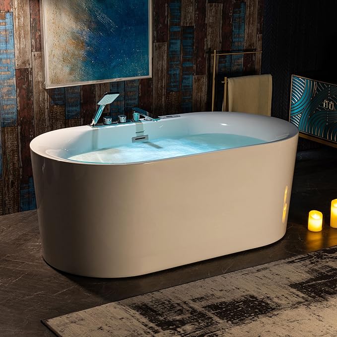 WOODBRIDGE 59" x 31-1/2" Whirlpool Water Jetted and Air Bubble Freestanding Heated Soaking Combination Bathtub with Faucet,BJ-100+F0041