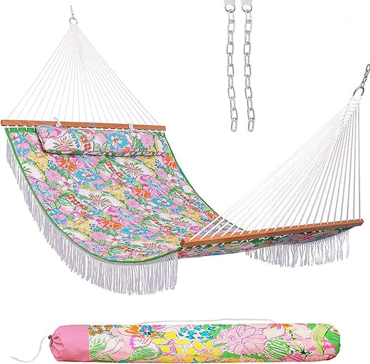 Lazy Daze Hammocks 12 FT Double Quilted Fabric Hammock with Extra Large Soft Pillow and Carrying Bag, 2 Person Outdoor Hammock with Spread Bar and Elegant Tassels, Heavy Duty 450 lbs Capacity, Floral