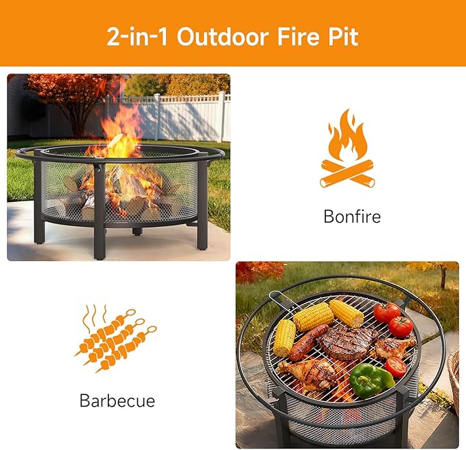 ONBRILL 2-in-1 36 Inch Fire Pit with Cooking Grill, Outdoor Wood Burning Firepit with Poker for BBQ, Bonfire, Picnic, Party, Round Metal Fire Pit for Outside, Backyard, Patio