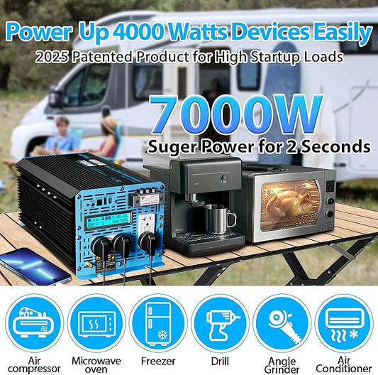 GIANDEL 4000W Pure Sine Wave Power Inverter 12V to 120V AC,7000W Surge,Compatible with All 12V Batteries,Dual Remote Control,UL Listed GFCI Outlets,FCC Approved for RV Campers Off-Grid Solar Systems
